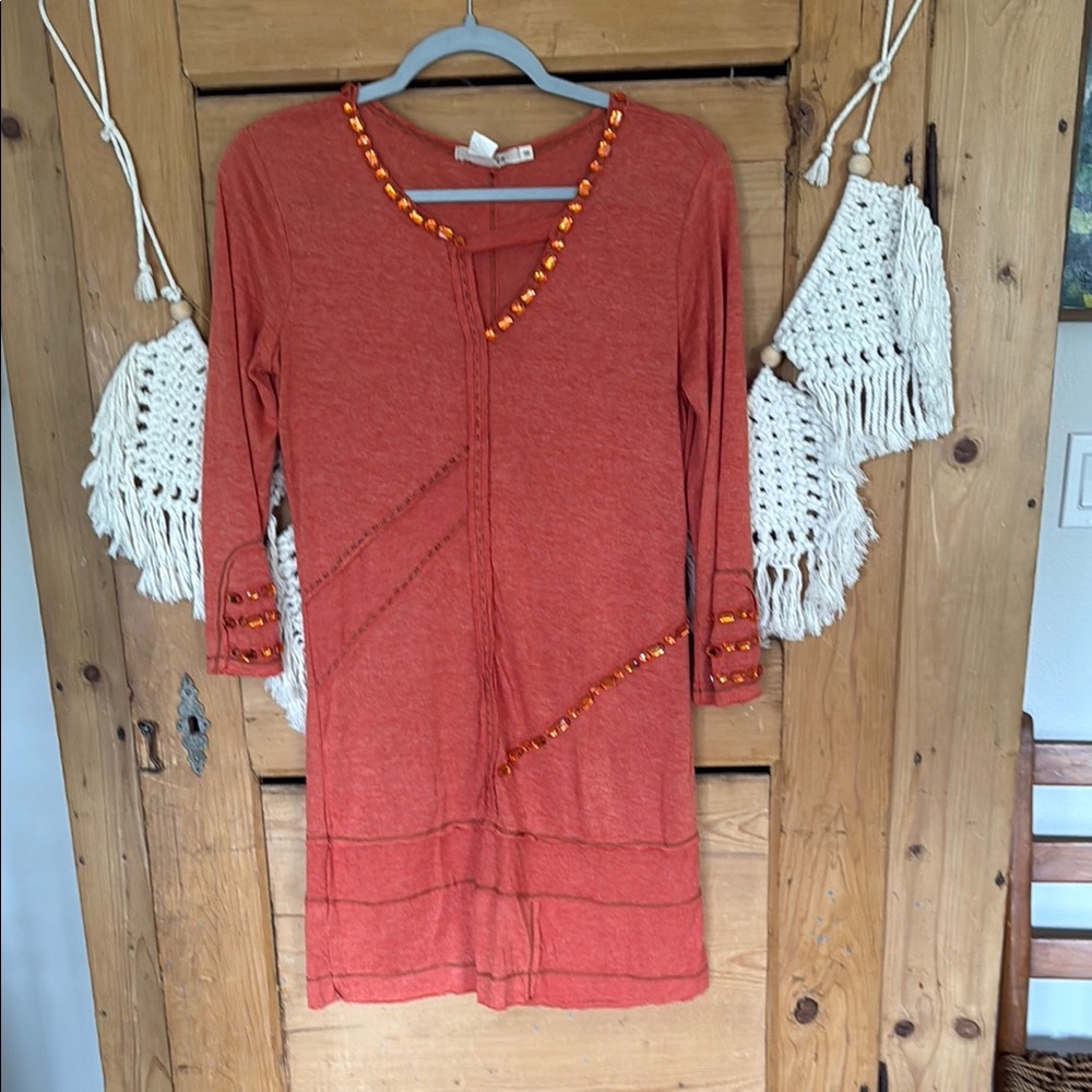 Murmur orange beaded long sleeve jersey dress/tunic M